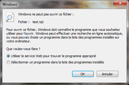 Boîte de dialogue Windows 7 - Extension inconnue