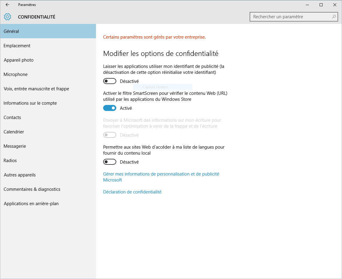 Confidentialité de Windows 10